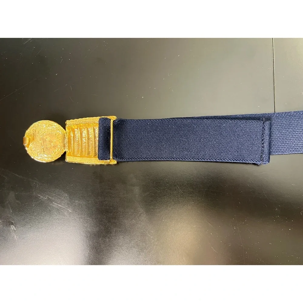 Day-Lor USA Vintage Navy Blue Elastic Cinch Belt‎ Gold Faux Pearl Buckle Retro